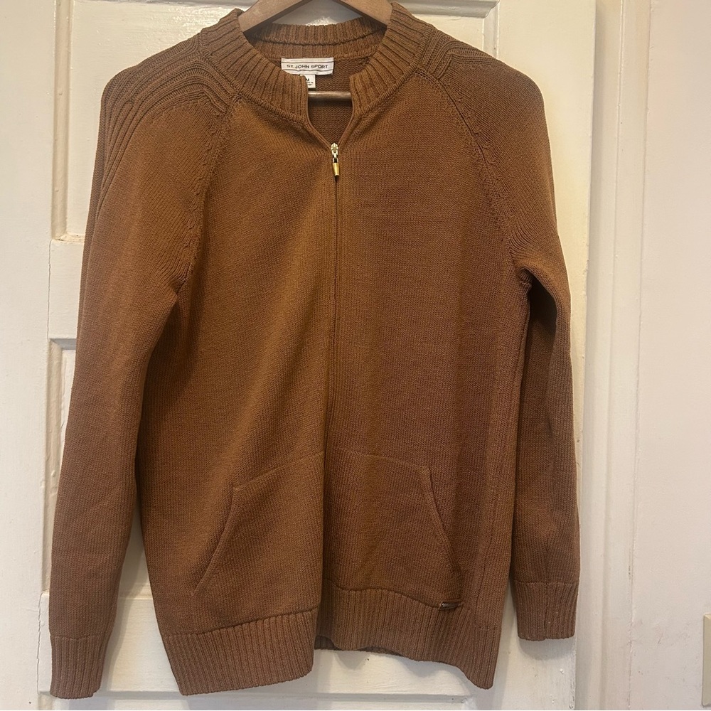 St John Spirt Women’s Santana Knit Zip Up Cardigan Brown Sweater Fall Autumn